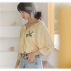 Striped Flower Embroidered 3/4-sleeve Chiffon Shirt