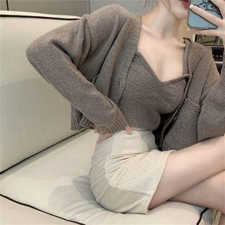 Plain Loose-fit Cardigan / Knit Camisole Top