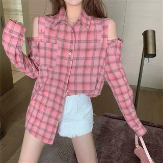 Cold-shoulder Long-sleeve Plaid Shirt Pink - One Size