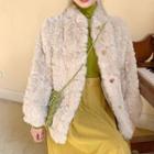 Mock-turtleneck Long-sleeve Top / Furry Buttoned Jacket / Corduroy Midi A-line Skirt