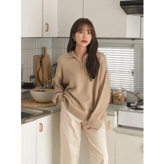 Collared Zip-neck Rib-knit Sweater