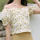 Puff-sleeve Floral Print Crop Top Yellow - One Size