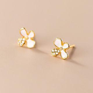 Flower Rhinestone Sterling Silver Earring 1 Pair - S925 Silver - Gold - One Size