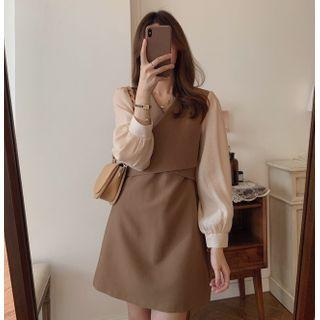 Long-sleeve V-neck Two-tone Dress