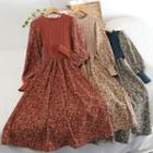 Long-sleeve Knit Panel Floral Print Midi A-line Dress
