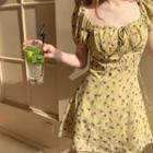 Puff-sleeve Floral Print Frill Trim A-line Mini Dress