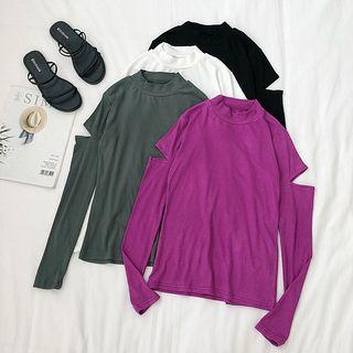 Cutout Sleeve Mock Neck Plain Top