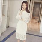 Lace Lantern-sleeve Midi Sheath Dress