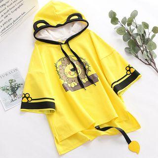 Lion Print Hooded Short-sleeve T-shirt Yellow - One Size