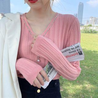 Rhinestone Ribbed Knit Sweater