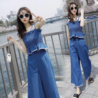 Set: Peplum Spaghetti Strap Top + Wide Leg Pants