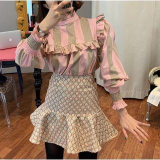 Mock Neck Frill-trim Striped Blouse As Shown In Figure - One Size