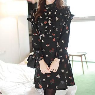 Faux-pearl Button Frilled Patterned Shirtdress