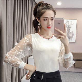 Embroidered Mesh Panel Long-sleeve Knit Top