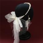 Wedding Faux Pearl Mesh Bow Hair Clip / Headband / Dangle Earring / Set Bow Hair Clip & Headband & 1 Pair - Clip-on Earrings - One Size