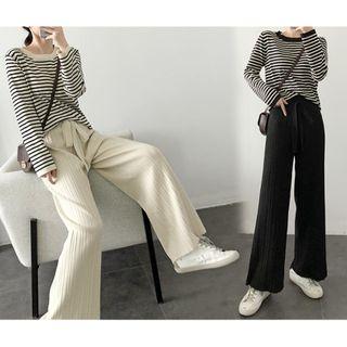 Set: Long-sleeve Striped T-shirt + Knit Wide Leg Pants