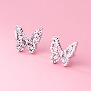 Butterfly Rhinestone Sterling Silver Earring 1 Pair - S925 Silver - Silver - One Size