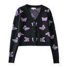 Butterfly Print V-neck Knit Crop Cardigan