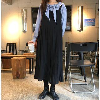 Tie-neck Shirt / Sleeveless Pleated Midi Dress