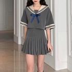 Set: Elbow-sleeve Wide Collar Ribbon Top + A-line Mini Pleated Skirt