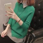 Set: Plaid Long-sleeve Blouse + Long-sleeve Knit Top