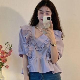 Short-sleeve Frill Trim Blouse Purple - One Size