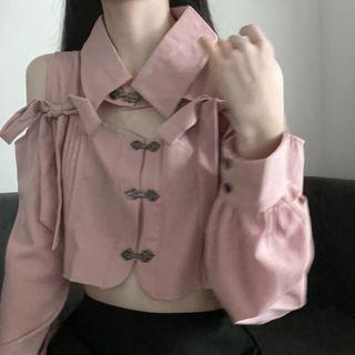 Long-sleeve Cold Shoulder Crop Top / Lace Trim Mini Skirt