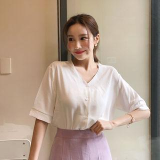 V-neck Cuffed Elbow-sleeve Blouse