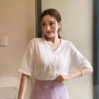 V-neck Cuffed Elbow-sleeve Blouse