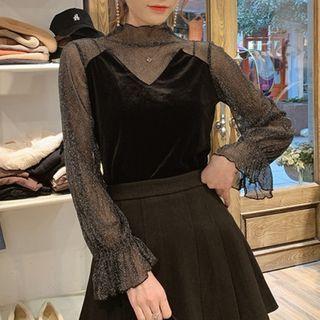 Sheer-sleeve Velvet Top