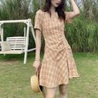 Short-sleeve Plaid Asymmetric Dress As Shown In Figure - One Size