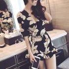 Short-sleeve Flower Print Chiffon Playsuit