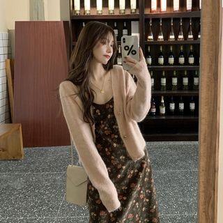 Spaghetti Strap Floral Print Midi A-line Dress / V-neck Cardigan