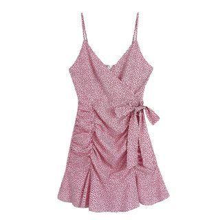 Spaghetti Strap Dotted Tie-waist Mini Dress