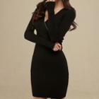 V-neck Long-sleeve Knitted Sheath Dress Black - One Size