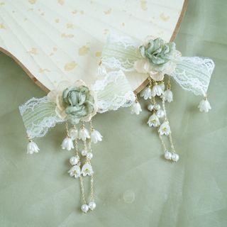 Hanfu Lace Bow Hair Clip Green - One Size