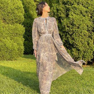 Long-sleeve Patterned Cutout Chiffon Maxi Dress