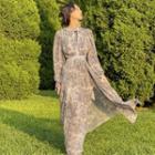 Long-sleeve Patterned Cutout Chiffon Maxi Dress