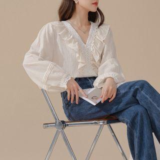 V-neck Lace Panel Frill Trim Chiffon Blouse