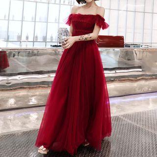Short-sleeve Off Shoulder Lace Trim A-line Evening Gown
