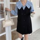 Lantern-sleeve Pleated Collared Blouse / Pleated Overall Dress