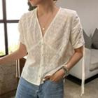 Short-sleeve Buttoned Lace Top White - One Size
