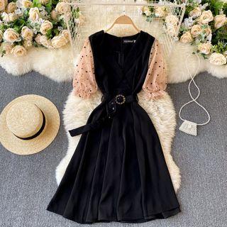 Puff-sleeve Belted Dotted A-line Mesh Dress