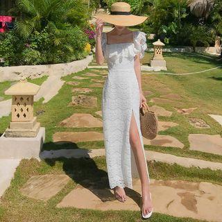 Off-shoulder Slit Lace Maxi A-line Dress