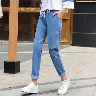 Drawstring-waist Letter Embroidered Straight-cut Jeans