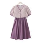 V-neck Floral Button-up Top / High-waist Plain A-line Skirt
