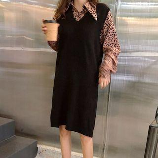 Leopard Pattern Shirt / V-neck Sleeveless Knit Dress