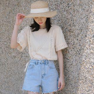 Short-sleeve Paneled Blouse Almond - One Size