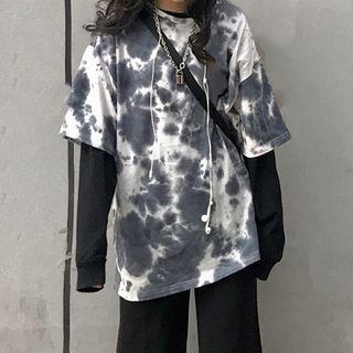 Elbow-sleeve Tie-dye T-shirt Blue & White - One Size