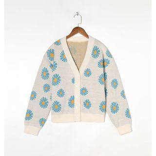 Floral Print V-neck Cardigan White - One Size